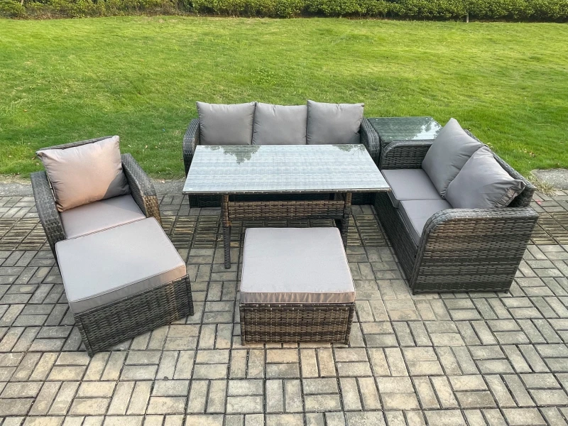 Image of Fimous 7 Piece Rattan Garden Furniture Set with Patio Sofa Rectangular Dining Table Side Table 2 Big Footstool Indoor Conservatory Patio Set Dark Grey