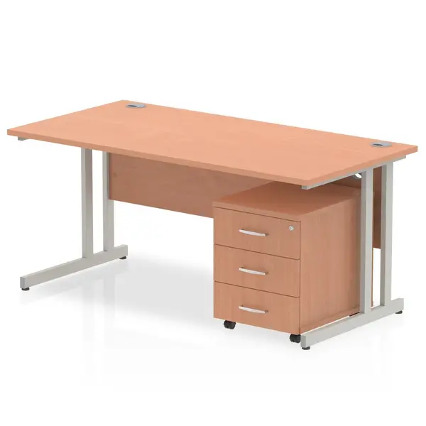 Image of Impulse 1400 x 800mm Straight Desk Walnut Top White Cantilever Leg with 2 Drawer Mobile Pedestal Bundle