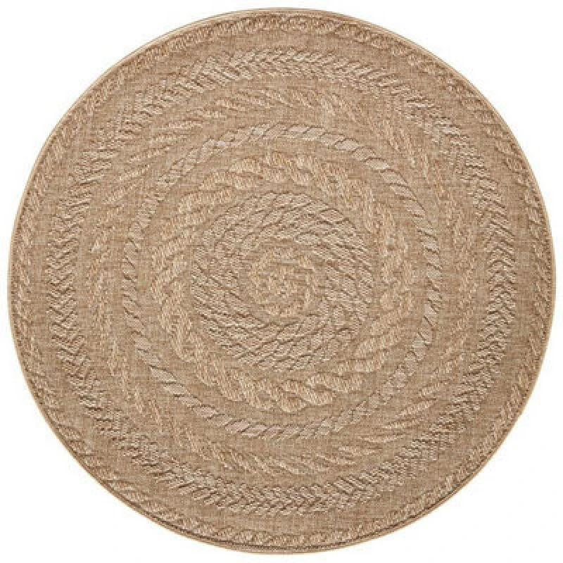 Image of The Rugs Indoor Outdoor Almendro Round Rug Chevron Design High Low Texture In Beige