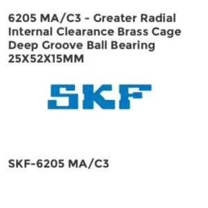 image of 6205 MA/C3 - Greater Radial Internal Clearance Brass Cage Deep Groove Ball Bearing 25X52X15MM