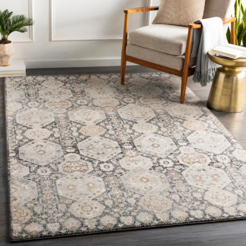 Image of Livabliss Vintage Oriental Boho Black Lotus Area Rug 130 X 170 Cm - Easy Care, Non Shedding, Ideal For Living Room & Bedroom