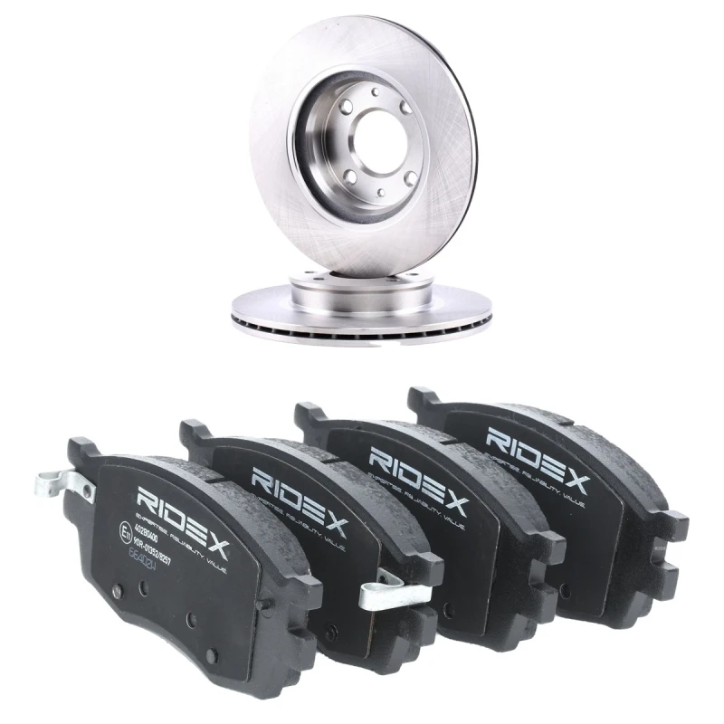 Image of RIDEX 3405B2699 Brake disc and pads set Front Axle, Brake Disc Type: internally vented, with acoustic wear warning Brake Set,disc brakes (3405)