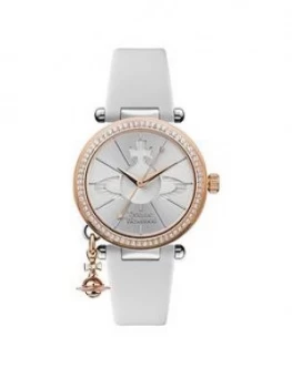 Image of Vivienne Westwood Vivienne Westwood Orb Pastelle Silver And Rose Gold Detail Crystal Set Dial With Rose Gold Orb Charm White Leather Strap Ladies Watc