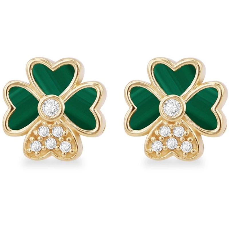 Image of Be You 9ct Gold Synthetic Malachite CZ Clover Earring Yellow Gold female One Size