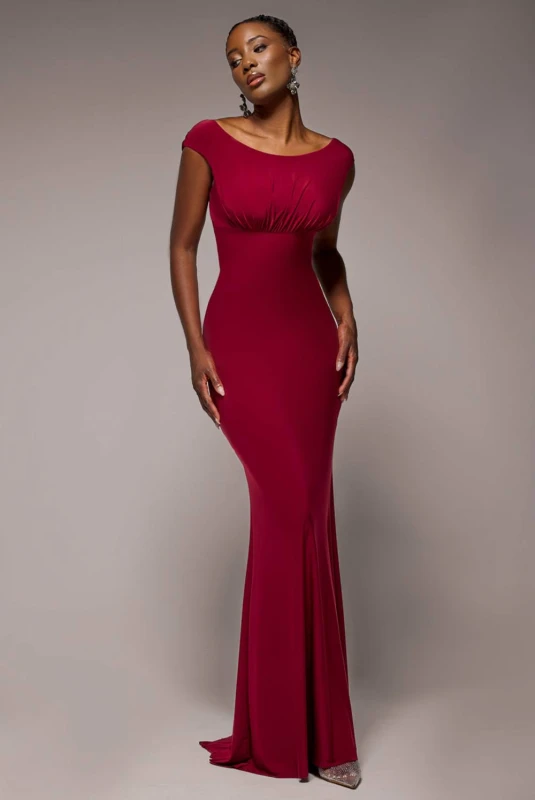 Image of Goddiva Womens Open Back Cowl Neck Gathered Maxi Dress With Velvet Tie Back in Wine Size: 6 Wine Female 6