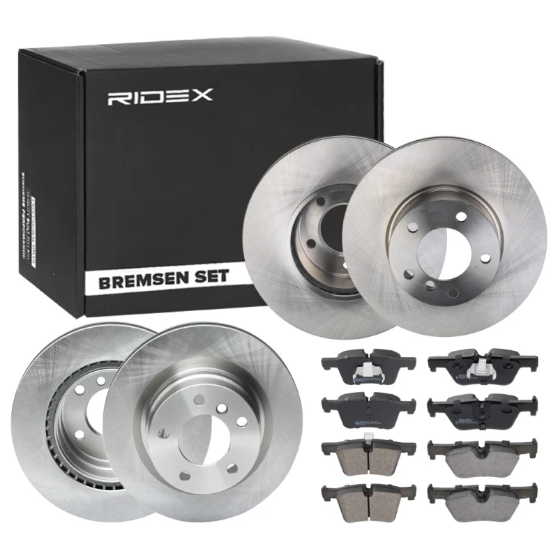 Image of RIDEX 3405B1720 Brake disc and pads set Rear Axle, Brake Disc Type: internally vented, prepared for wear warning indicator, with piston clip Brake Se