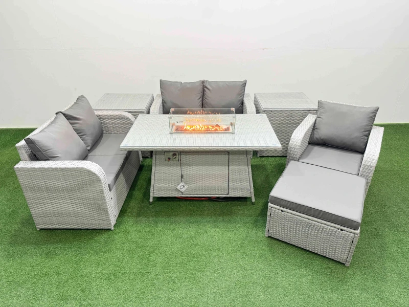 Image of Fimous High Back Poly Rattan Garden Furniture Set with Reclining Chair Loveseat Sofa Firepit Dining Table Indoor Outdoor Patio Set Big Stool 2 Side T
