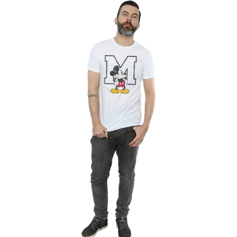 Image of Disney Men Classic M Mickey Mouse Cotton T-Shirt in White Size: Small White S Male 5063377452686