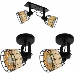 Image of Twin Ceiling Spot Light & 2x Matching Wall Lights Black Wicker Shade Moving Head