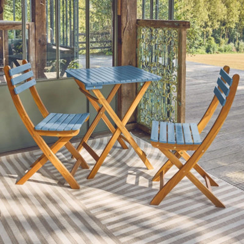 Image of Sweeek - Acacia Wood Garden Table 2 Folding Chairs Blue 60X60X8cm - Hilora