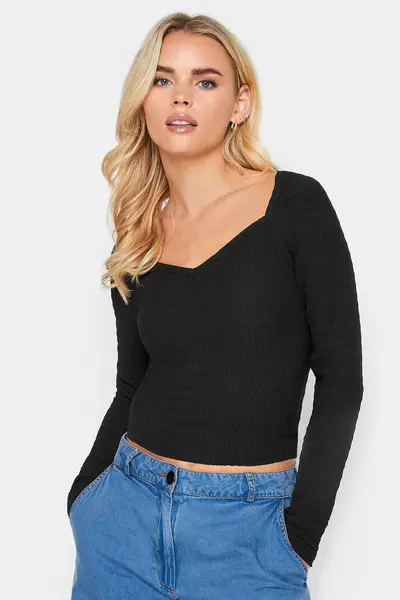 image of PixieGirl Petite Long Sleeve Textured Top Black