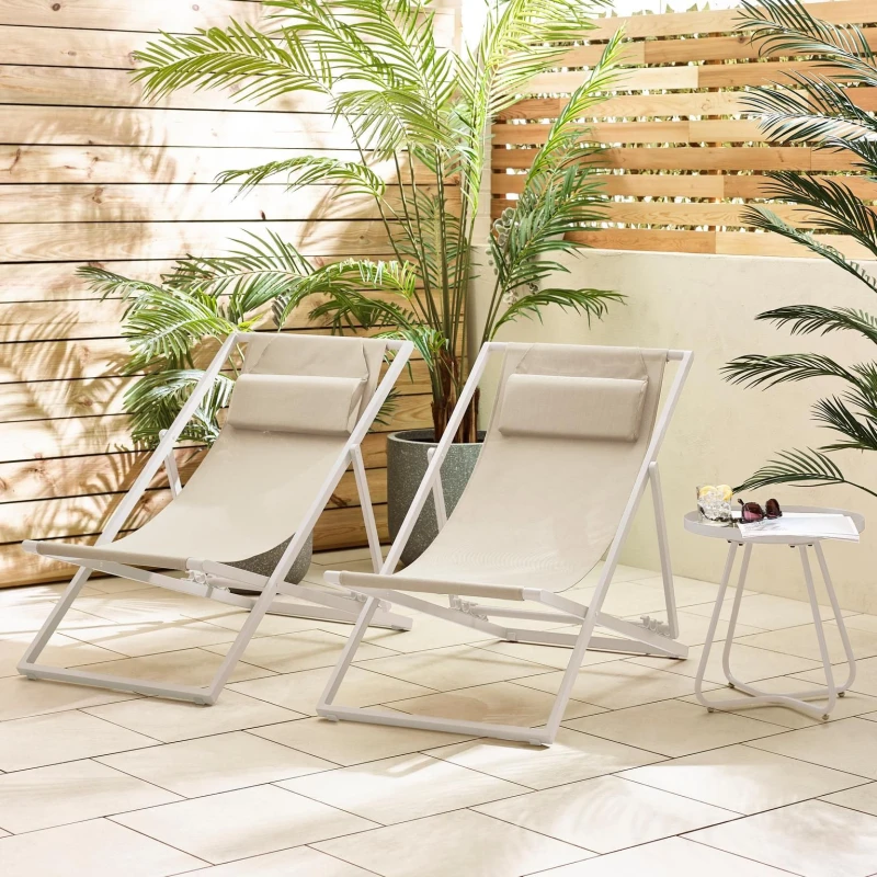 Image of FurnitureboxUK FurnitureboxUK 2x Corsica Metal and Textilene Outdoor Deckchairs with Headrest in Cream Cream One Size Unisex 5056784305423