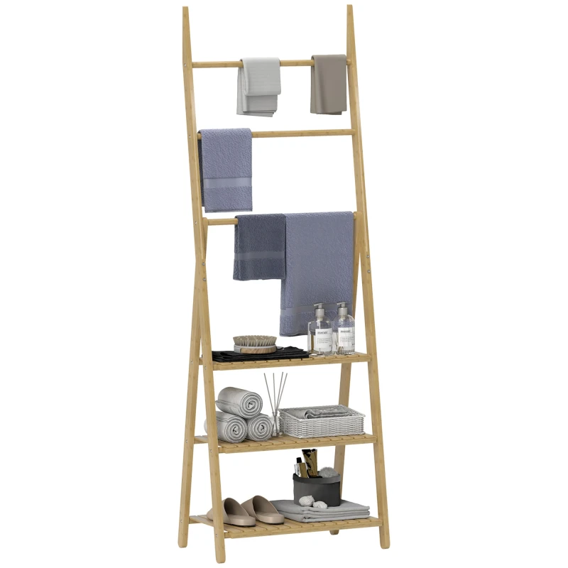 Image of HOMCOM 3-Tier Folding Bamboo Bathroom Storage Shelving Unit with Towel Bars Natural