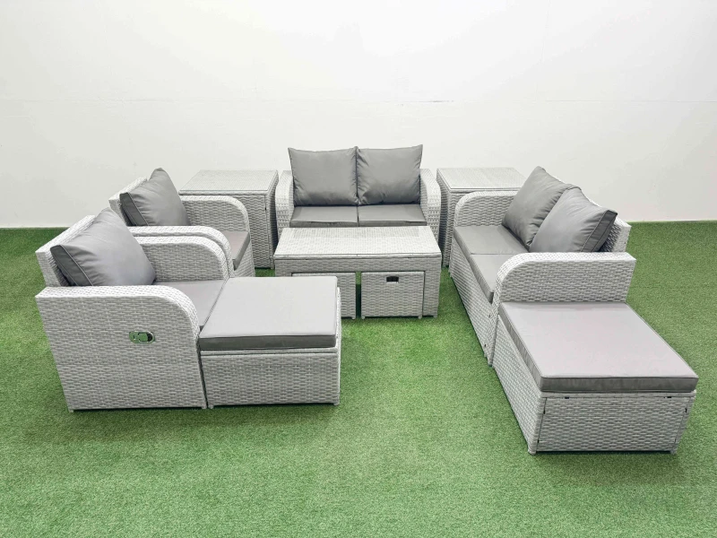 Image of Fimous Pe Wicker Rattan Furniture Sofa Sets With Oblong Coffee Table Love Sofa Reclining Chair 4 Stools 2 Side Table