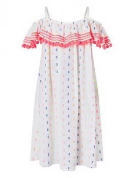 Image of Accessorize Girls Dobby Spot Bardot Pom Pom Dress - White, Size 9-10 Years, Women