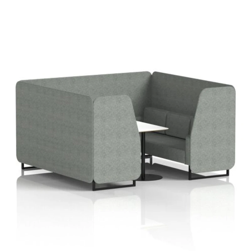 Image of Brixworth 6 Seater Office Booth with Front Panel - Black Legs and White Table with Black Leg in Rivet Fabric - Prime Panels and Sofa