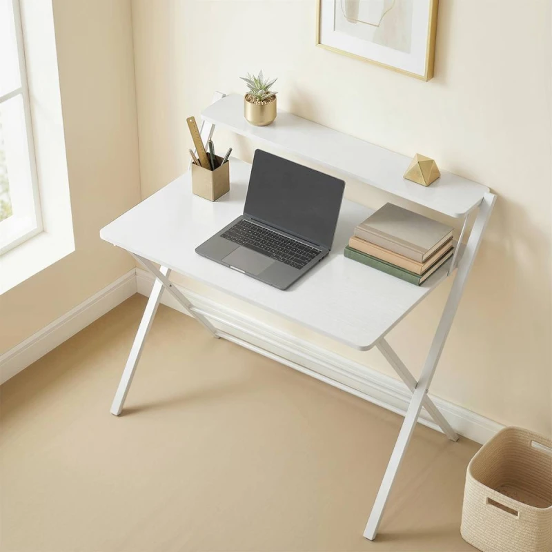 Image of HOMCOM Folding Desk with 2-Tier Shelf for Home Office in White White Unisex