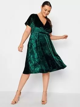 Image of Yours Velvet Wrap Skater Dress, Green, Size 14, Women