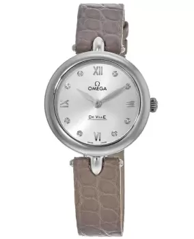 Omega De Ville Prestige Quartz 27.4mm Dewdrop Silver Diamond Dial Leather Strap Womens Watch 424.13.27.60.52.001 424.13.27.60.52.001