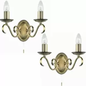 image of Loops - 2 pack Dimmable LED Twin Wall Light Antique Brass Vintage 2x Bulb Lamp Lighting