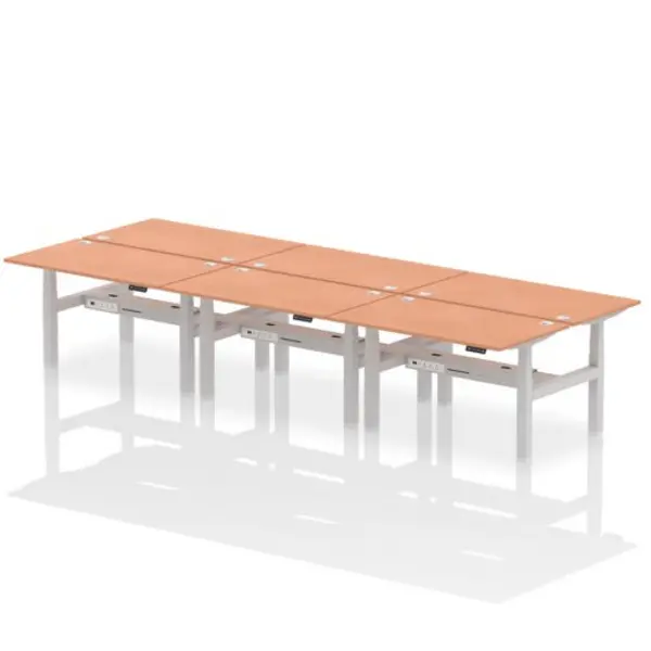 Image of Air Air Back-to-Back 1400 x 800mm Height Adjustable 6 Person Bench Desk Beech Top with Cable Ports Silver Frame HASCP6P14800BCHS