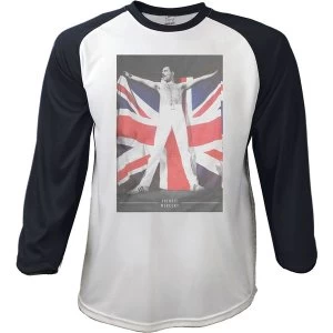 image of Freddie Mercury - Flag Mens Large Raglan T-Shirt - Black & White