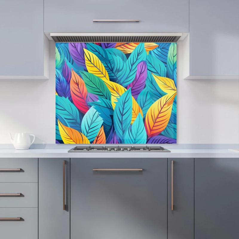 Image of Warren Reed - Designer Bright Colourful Leaves Kitchen Splashback in Blue Size: 600mm x 750mm Blue Unisex 600mm x 750mm