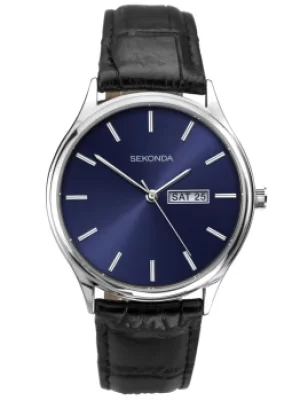 Image of Sekonda Black Leather Blue Dial Strap Watch 1612