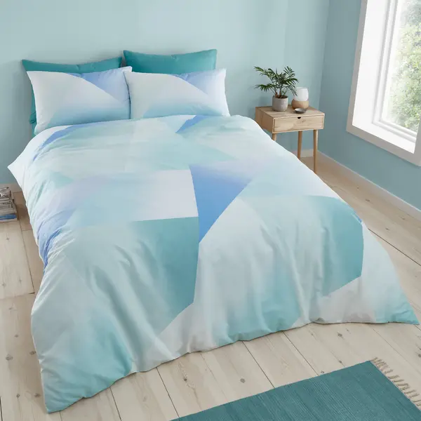 image of Catherine Lansfield Ombre Larsson Geo Blue Green Duvet Cover and Pillowcase Set Green