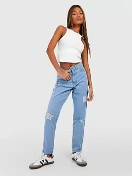 image of Boohoo High Rise Distressed Mom Jeans - Light Wash, Blue, Size 10, Women