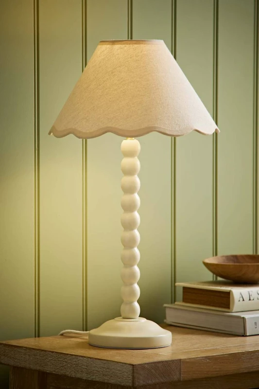 Image of ValueLights Bobbin Colour Trim Linen Shade Cream Bobble Table Lamp Cream Unisex