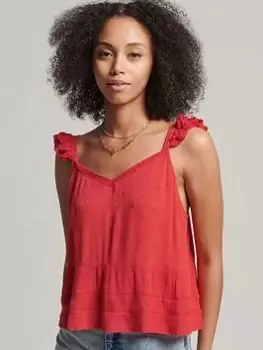 Image of Superdry Vintage Broderie Cami Top - Red, Size 12, Women