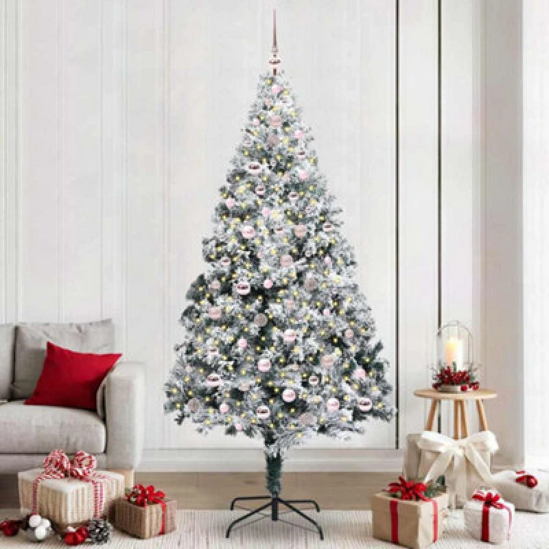 Image of vidaXL Artificial Christmas Tree with 300 LEDs, Pink Balls with Stand Snow Flocked Green 240 cm, Green 3396982