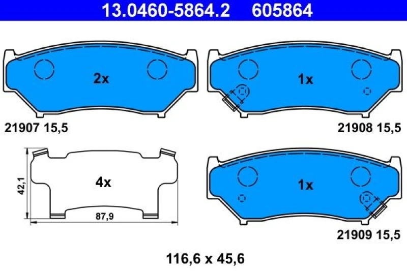 Image of ATE 13.0460-5864.2 Brake pad set with acoustic wear warning, with anti-squeak plate Brake Pad Set,disc brake (402)