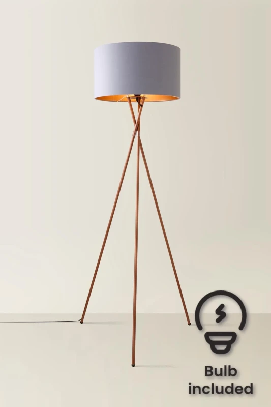Image of ValueLights ValueLights Camden Copper Tripod Floor Lamp with Grey & Copper Lamp Shade and Bulb Grey One Size Unisex 5055759993252