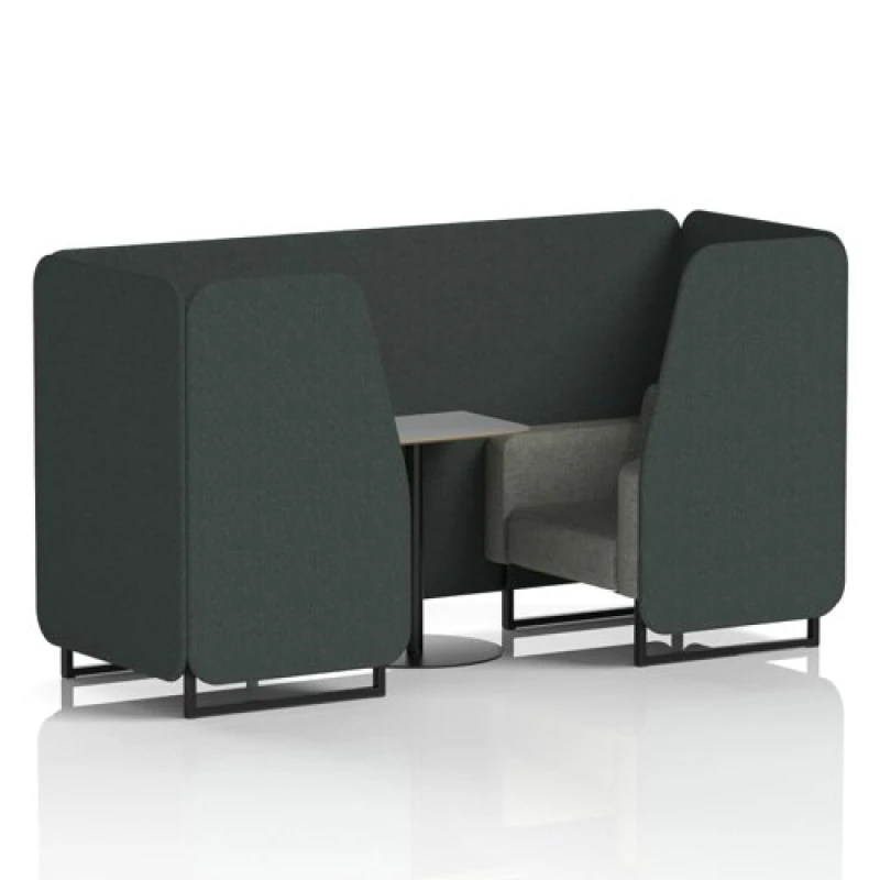 Image of Brixworth 2 Seater Office Booth with Front Panel - Black Legs and Grey Table with Black Leg in Rivet Fabric - Charcoal Panels and Vitreous Sofa