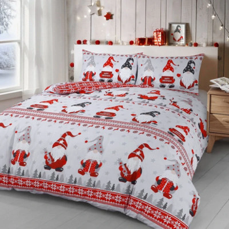 Image of Velosso Xmas Gonks Cotton Rich Printed Duvet Cover & Pillowcase Set in Red Size: Single Red Unisex Single