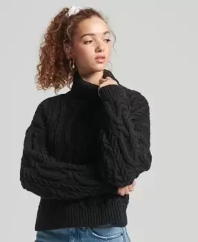 image of Superdry Womens Vintage High Neck Cable Knit Jumper Black - Size: 12