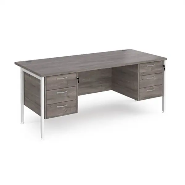 image of Maestro 25 straight desk 1800mm x 800mm with two x 3 drawer pedestals - white H-frame leg, grey oak top