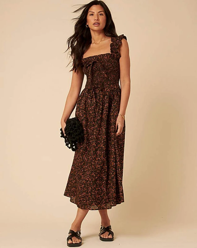 Image of Nobody's Child Nobody's Child Christiana Midi Dress Black Multi - Nobody's Child - Size: 8 Black Multi Female 8 ZT97009