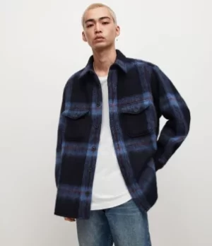 Image of AllSaints Mens Gallaway Check Overshirt, Deep Indigo Blue, Size: M