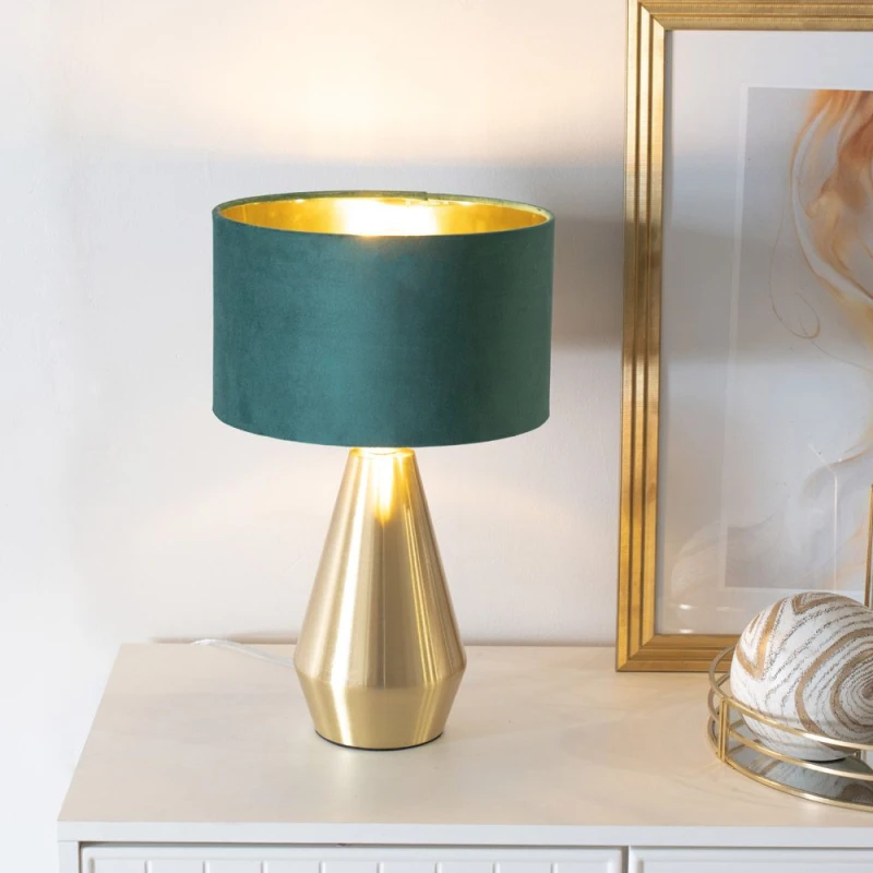 Image of ValueLights ValueLights Jax Gold Dimmable Touch Table Lamp with Velvet Drum & Gold Inner Shade & Bulb in Bottle Green Bottle Green One Size Unisex 505