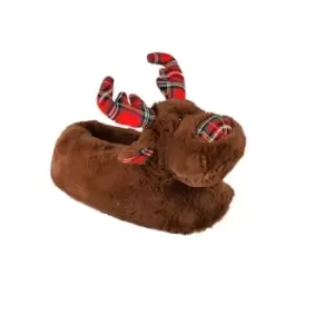 image of Slumberzzz Unisex Adults Tartan Reindeer Slippers (UK 5-6) (Brown)