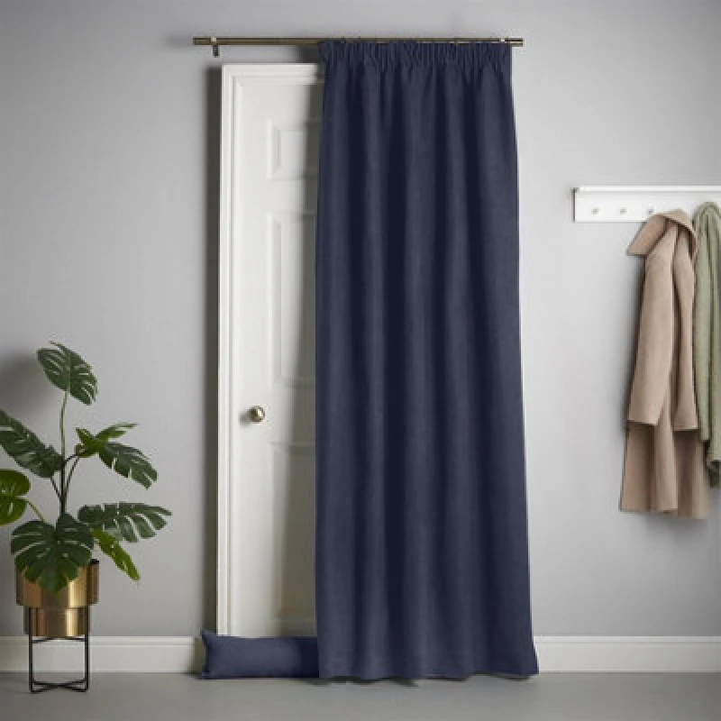 Image of Luxury Living Velvet Chenille Thermal Fleece Lined Pencil Pleat Top Door Curtain 137Cm X 213Cm Navy