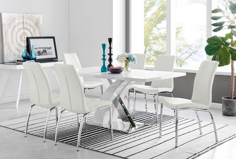 Image of FurnitureboxUK FurnitureboxUK Atlanta Modern Rectangle Chrome Metal High Gloss White Dining Table And 6 Isco Chairs Set in Off White Off White One Siz