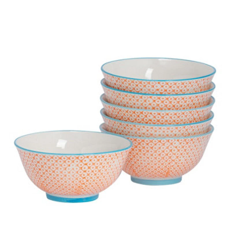 Image of Nicola Spring Hand-Printed Cereal Bowls - 16Cm - Orange - Pack Of 6