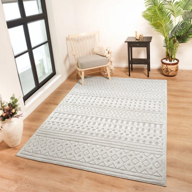 Image of Livabliss In- & Outdoor 3D High & Low Pile Textured White Haruka Area Rug 160 X 220 Cm - Easy To Clean, Perfect For Balcony Or Dining Room