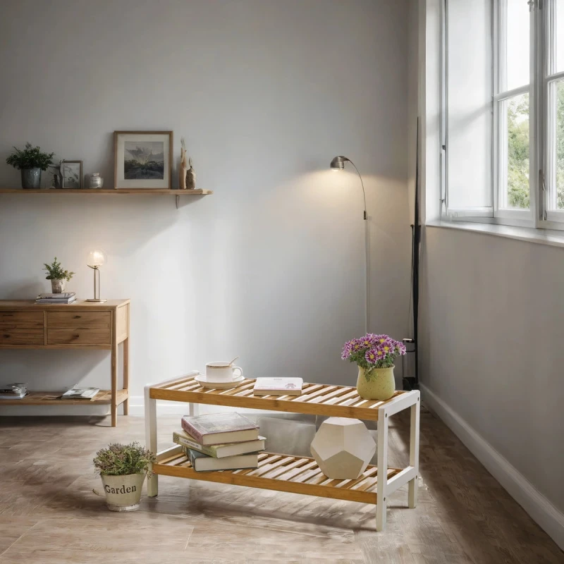 Image of LEDREM Natural Bamboo 2-Tier Shoe Rack, Shelf For Shoes Plants Books, For Living Room