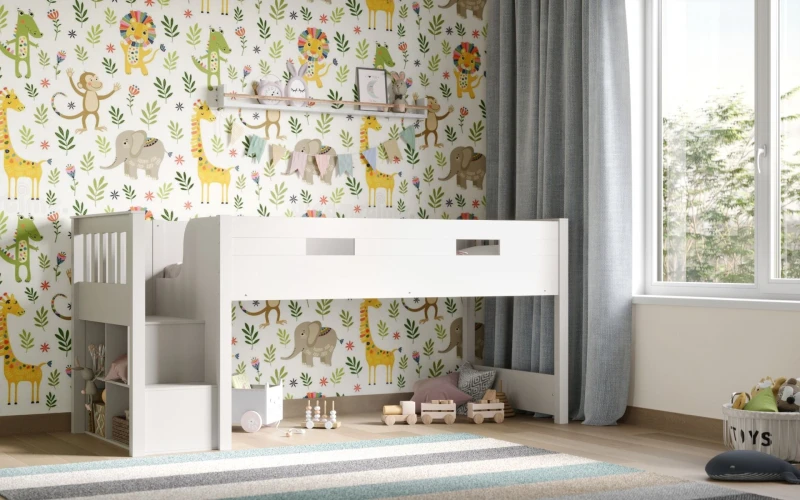 Image of Flair Charlie Staircase Mid Sleeper Cabin Bed in White Size: Single White Unisex Single