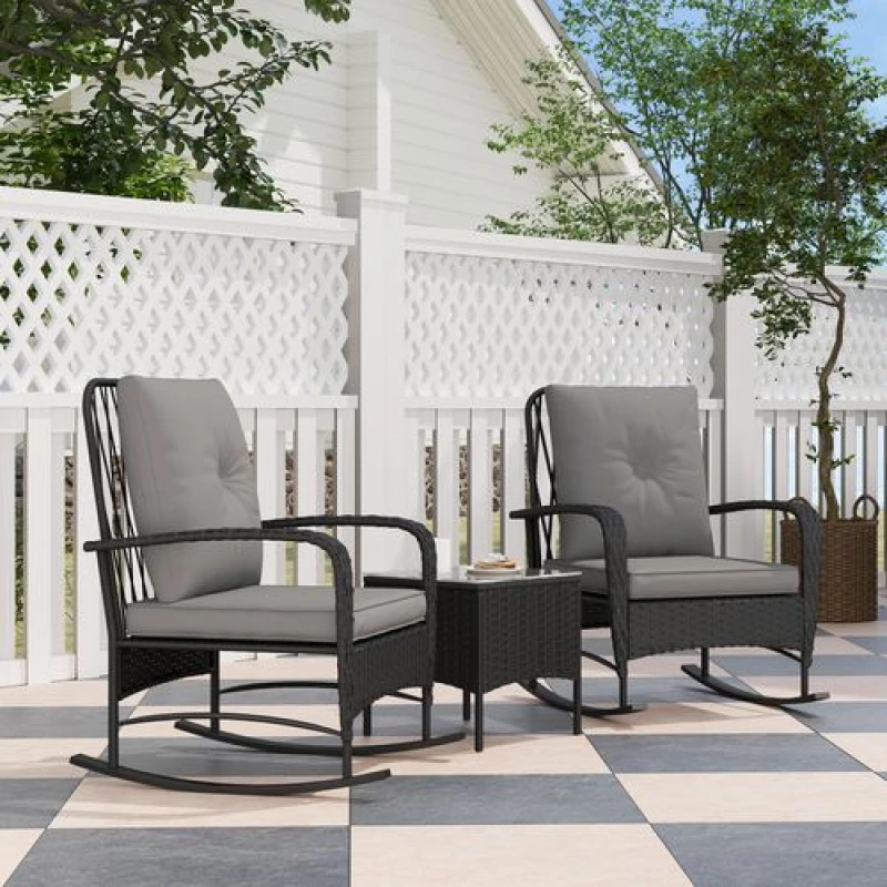 Image of Outsunny Rattan Bistro Set Balcony Furniture with Rocking Chairs, Black Black